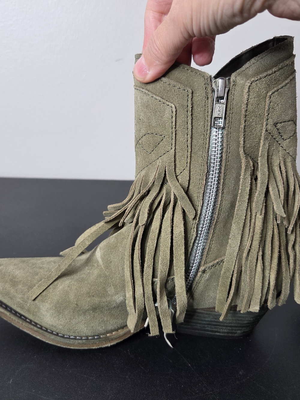Free People Lawless Fringe Western Ankle Boots Olive Green Suede - Picture 3 of 11